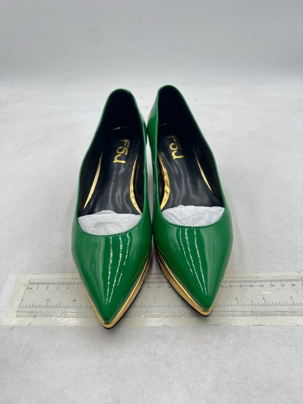 FSJ Emerald Green Bridal Pointed Toe Gold Trim Block Low Heel Crystal Pumps - Picture 3 of 8